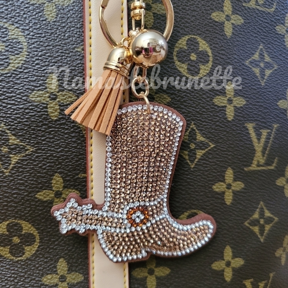 Western Boot Crystal Rhinestone Keychain Bag Charm With Tan Tassel